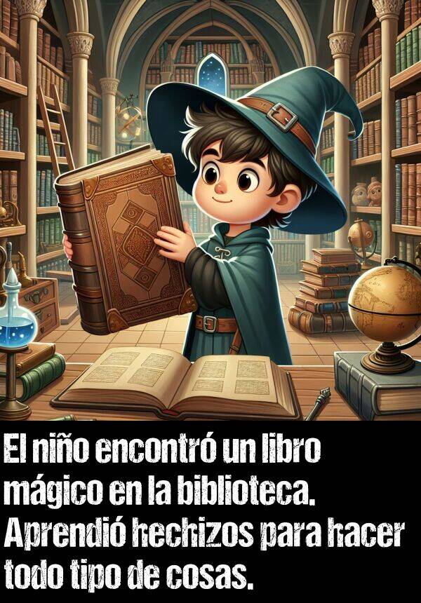biblioteca: El nio encontr un libro mgico en la biblioteca. Aprendi hechizos para hacer todo tipo de cosas.