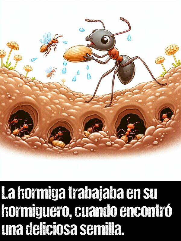 semilla: La hormiga trabajaba en su hormiguero, cuando encontr una deliciosa semilla.
