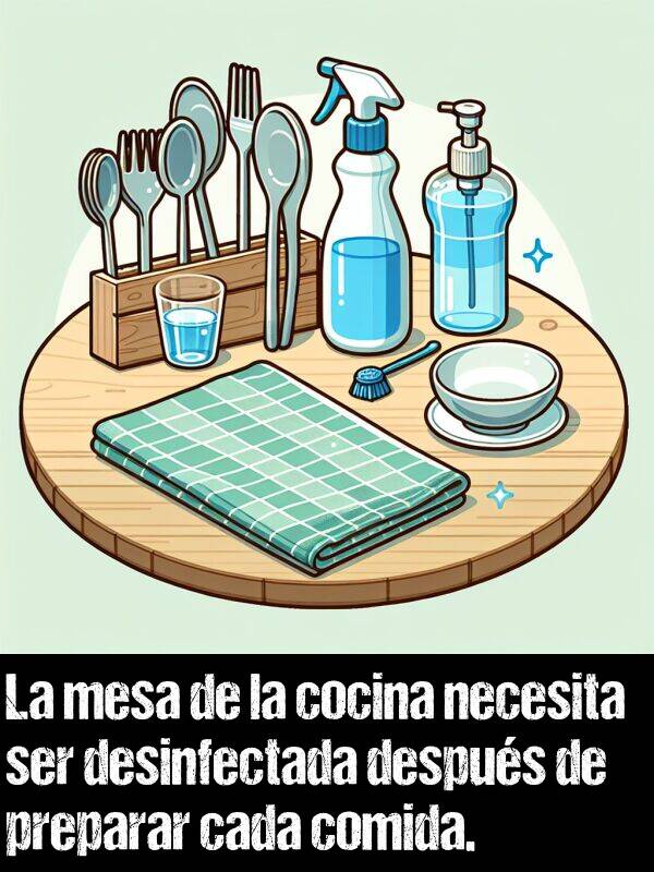 desinfectada: La mesa de la cocina necesita ser desinfectada despus de preparar cada comida.