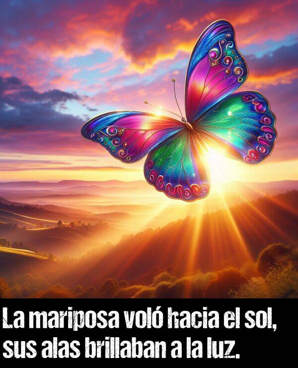 luz: La mariposa vol hacia el sol, sus alas brillaban a la luz.