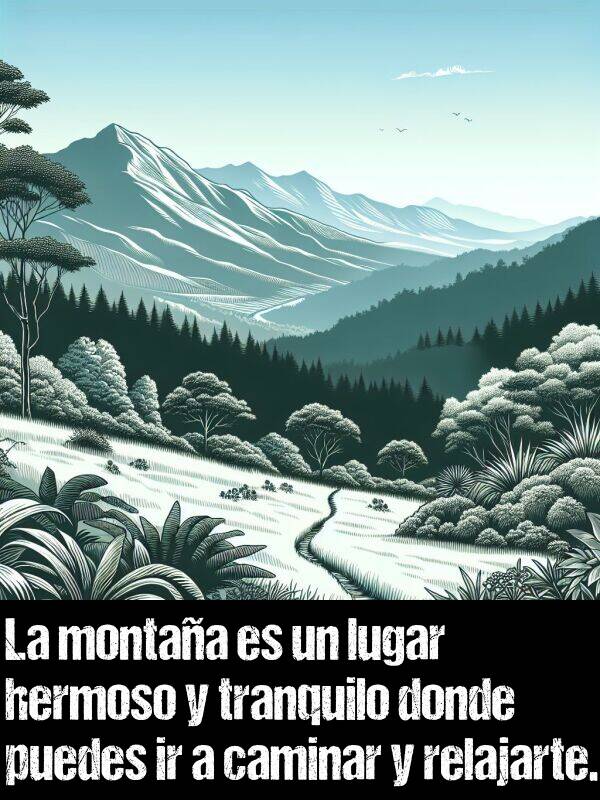 lugar: La montaa es un lugar hermoso y tranquilo donde puedes ir a caminar y relajarte.