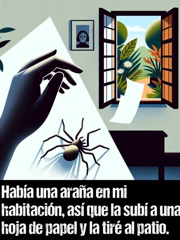 hoja: Haba una araa en mi habitacin, as que la sub a una hoja de papel y la tir al patio.