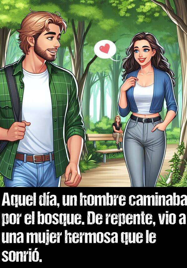 aquel: Aquel da, un hombre caminaba por el bosque. De repente, vio a una mujer hermosa que le sonri.