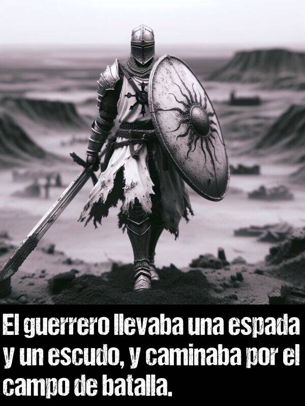 batalla: El guerrero llevaba una espada y un escudo, y caminaba por el campo de batalla.