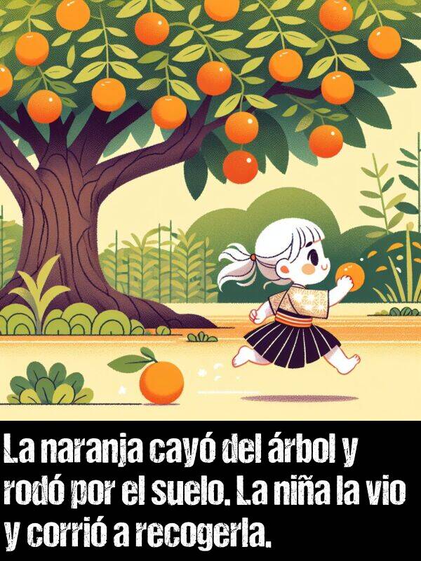 rod: La naranja cay del rbol y rod por el suelo. La nia la vio y corri a recogerla.