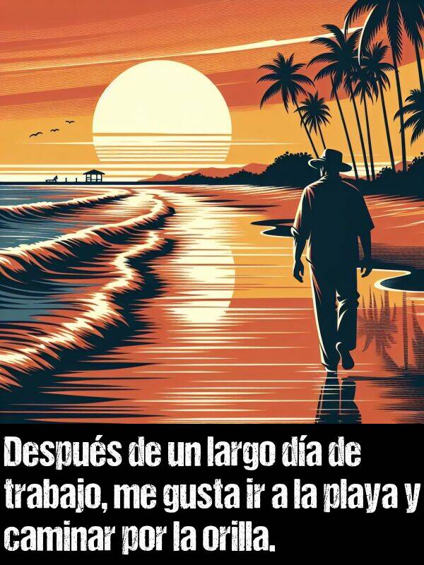 orilla: Despus de un largo da de trabajo, me gusta ir a la playa y caminar por la orilla.