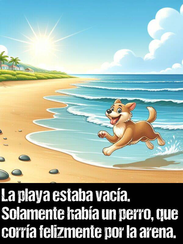 felizmente: La playa estaba vaca. Solamente haba un perro, que corra felizmente por la arena.
