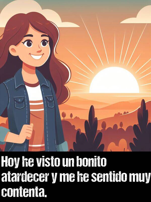 contenta: Hoy he visto un bonito atardecer y me he sentido muy contenta.