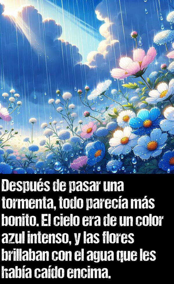 encima: Despus de pasar una tormenta, todo pareca ms bonito. El cielo era de un color azul intenso, y las flores brillaban con el agua que les haba cado encima.