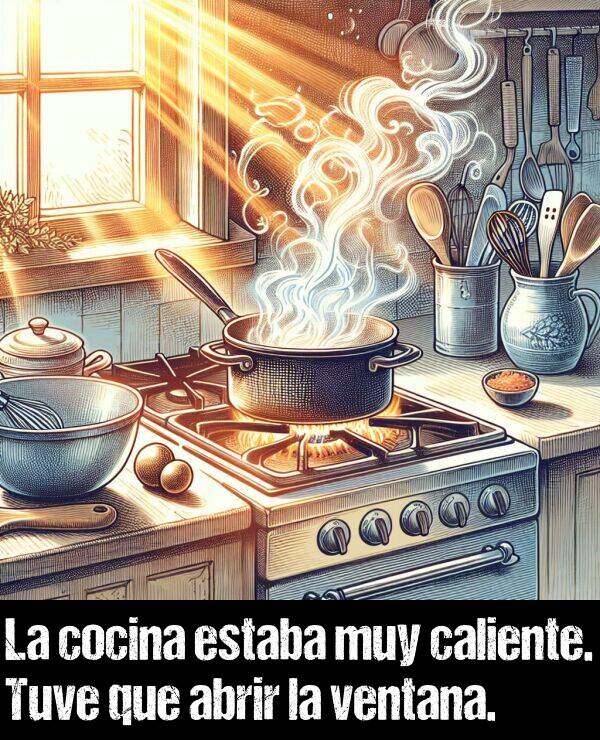 caliente: La cocina estaba muy caliente. Tuve que abrir la ventana.