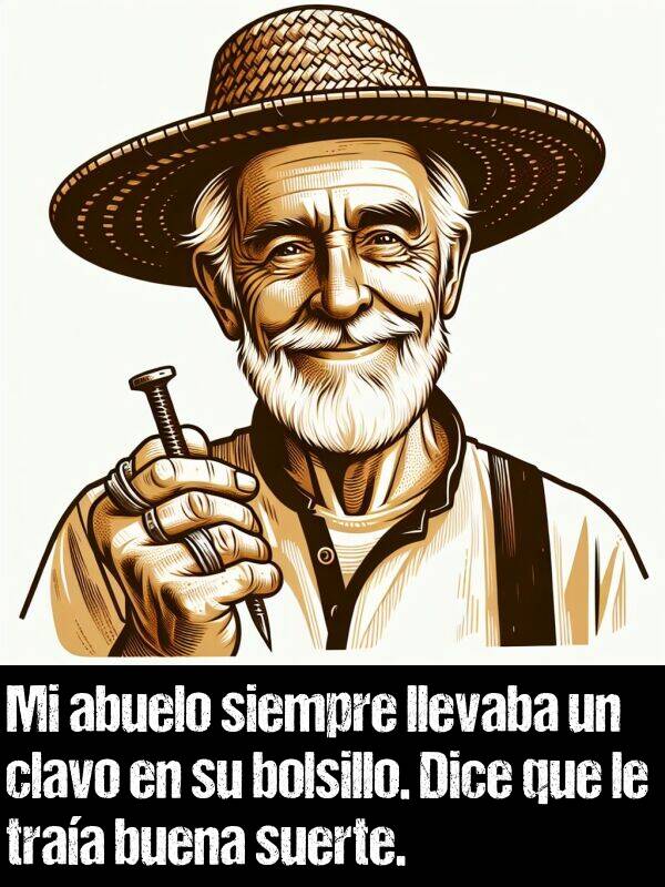 buena: Mi abuelo siempre llevaba un clavo en su bolsillo. Dice que le traa buena suerte.