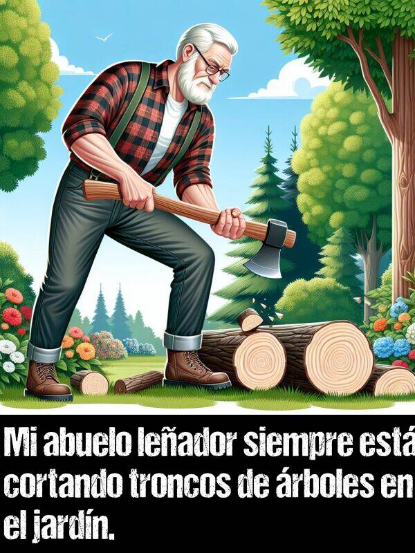 cortando: Mi abuelo leador siempre est cortando troncos de rboles en el jardn.