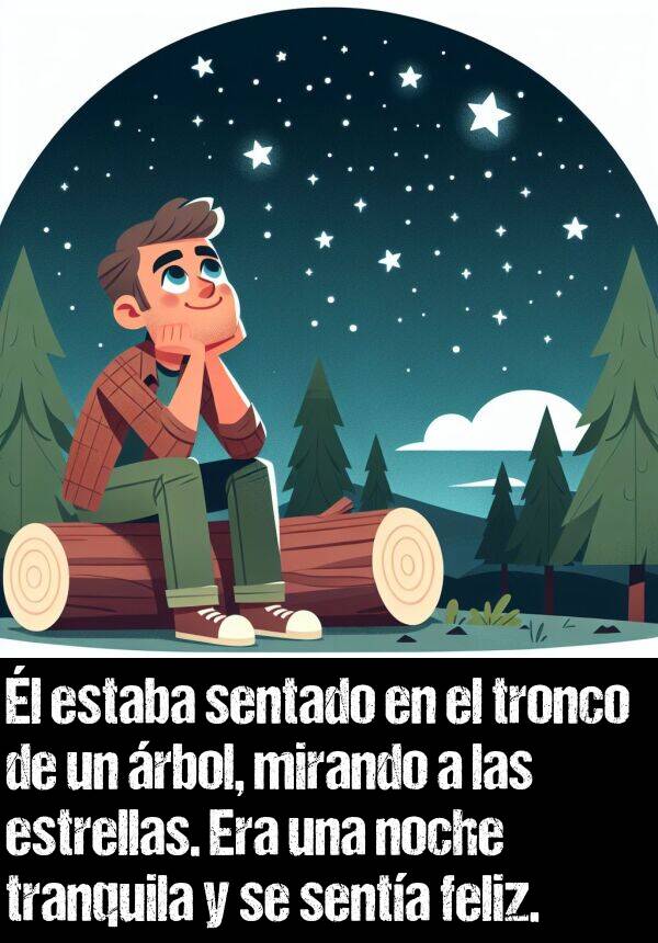 sentado: l estaba sentado en el tronco de un rbol, mirando a las estrellas. Era una noche tranquila y se senta feliz.