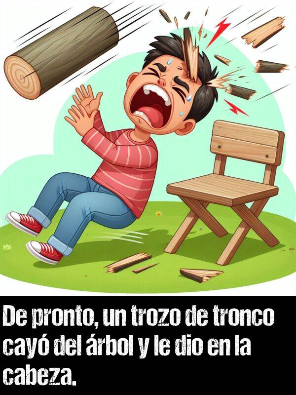 pronto: De pronto, un trozo de tronco cay del rbol y le dio en la cabeza.