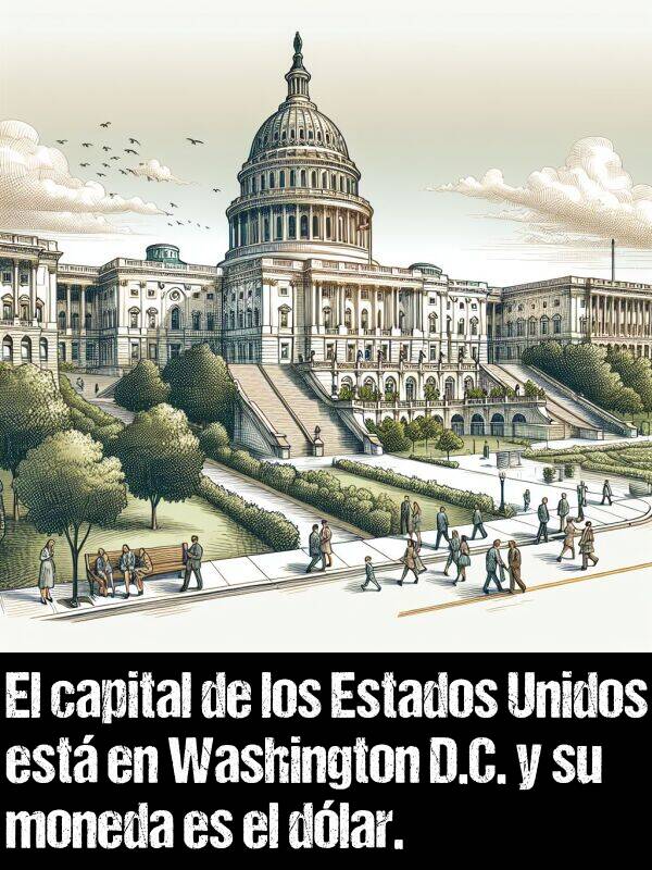 dlar: El capital de los Estados Unidos est en Washington D.C. y su moneda es el dlar.