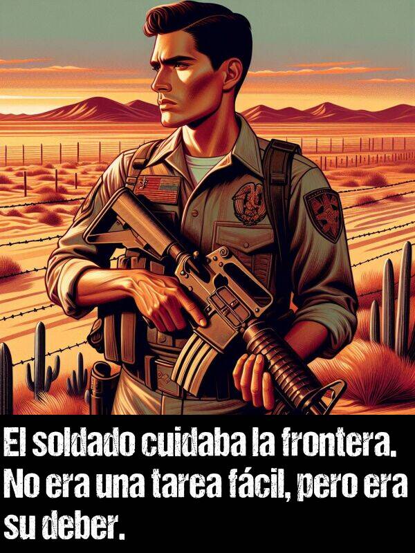 fcil: El soldado cuidaba la frontera. No era una tarea fcil, pero era su deber.