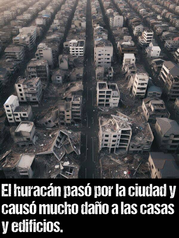 caus: El huracn pas por la ciudad y caus mucho dao a las casas y edificios.