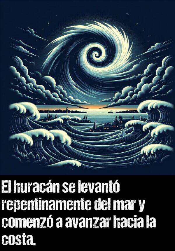 repentinamente: El huracn se levant repentinamente del mar y comenz a avanzar hacia la costa.