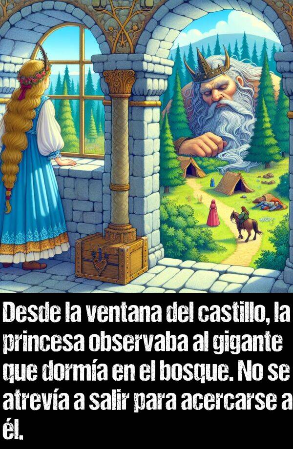 princesa: Desde la ventana del castillo, la princesa observaba al gigante que dorma en el bosque. No se atreva a salir para acercarse a l.