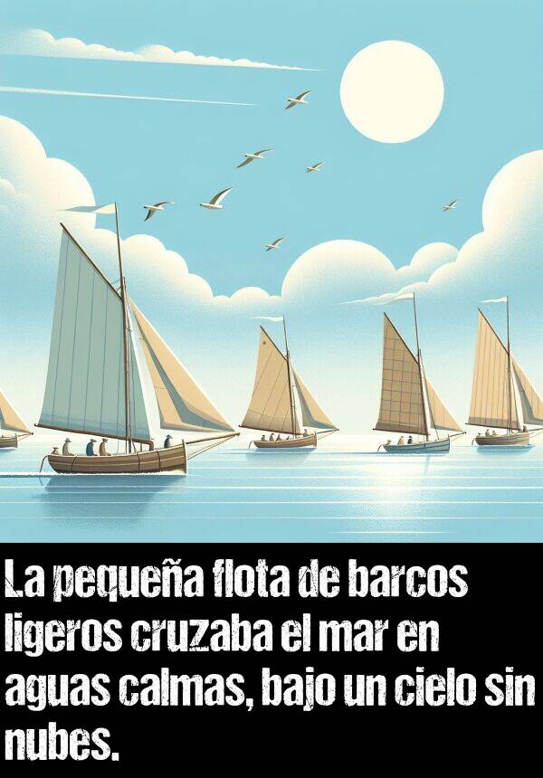 flota: La pequea flota de barcos ligeros cruzaba el mar en aguas calmas, bajo un cielo sin nubes.