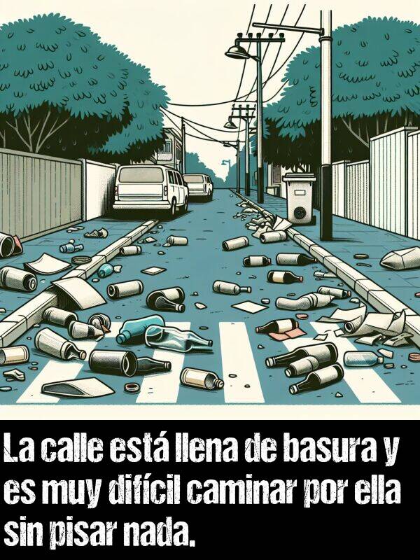 basura: La calle est llena de basura y es muy difcil caminar por ella sin pisar nada.