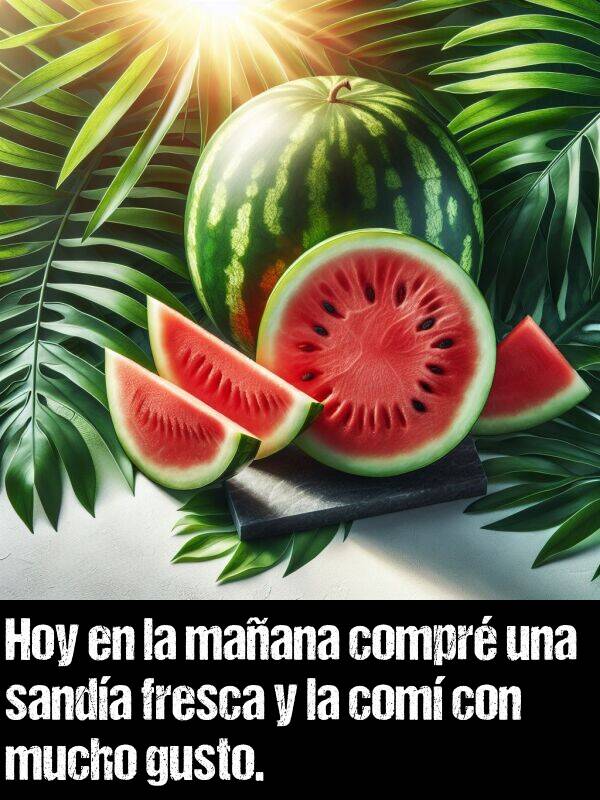 gusto: Hoy en la maana compr una sanda fresca y la com con mucho gusto.