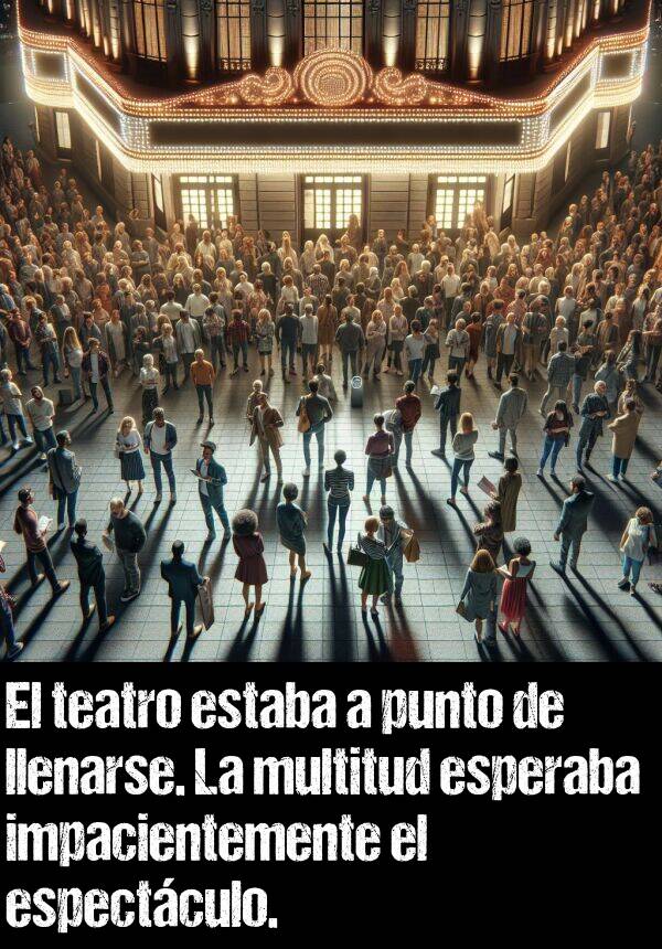 multitud: El teatro estaba a punto de llenarse. La multitud esperaba impacientemente el espectculo.