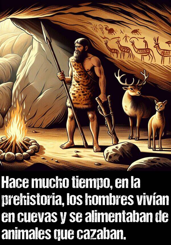 prehistoria: Hace mucho tiempo, en la prehistoria, los hombres vivan en cuevas y se alimentaban de animales que cazaban.
