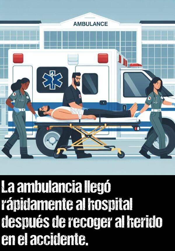 rpidamente: La ambulancia lleg rpidamente al hospital despus de recoger al herido en el accidente.