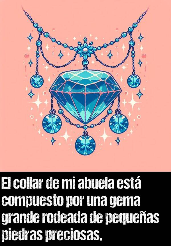 gema: El collar de mi abuela est compuesto por una gema grande rodeada de pequeas piedras preciosas.
