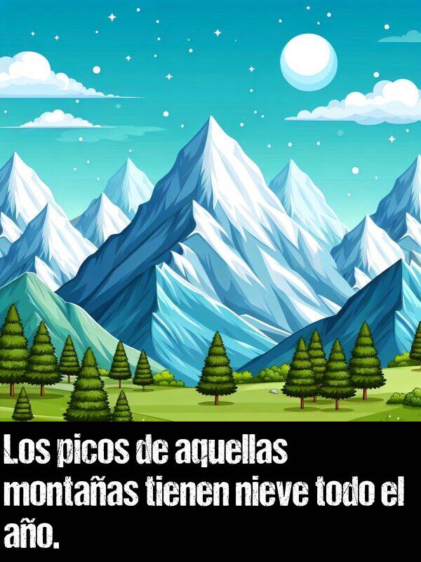 nieve: Los picos de aquellas montaas tienen nieve todo el ao.