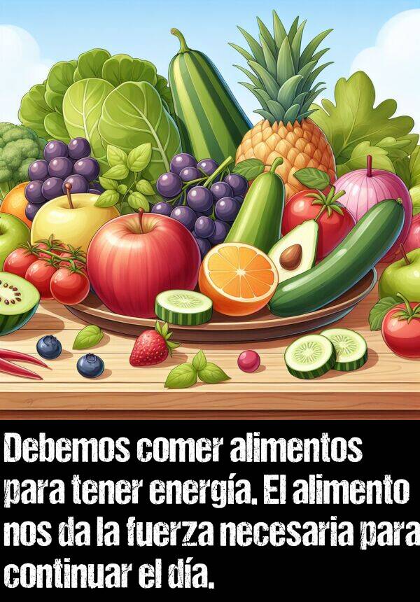necesaria: Debemos comer alimentos para tener energa. El alimento nos da la fuerza necesaria para continuar el da.