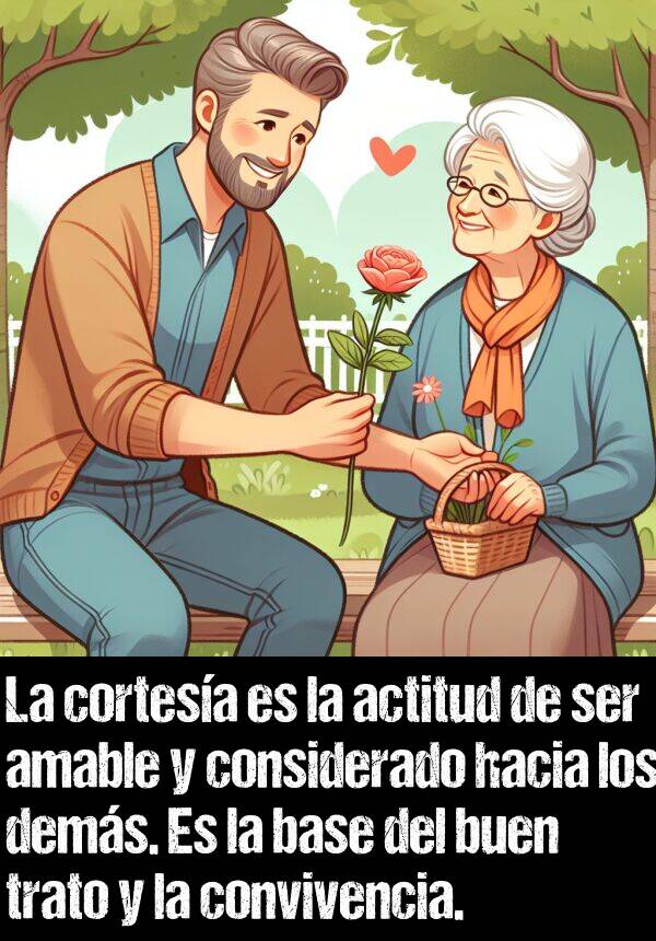 considerado: La cortesa es la actitud de ser amable y considerado hacia los dems. Es la base del buen trato y la convivencia.
