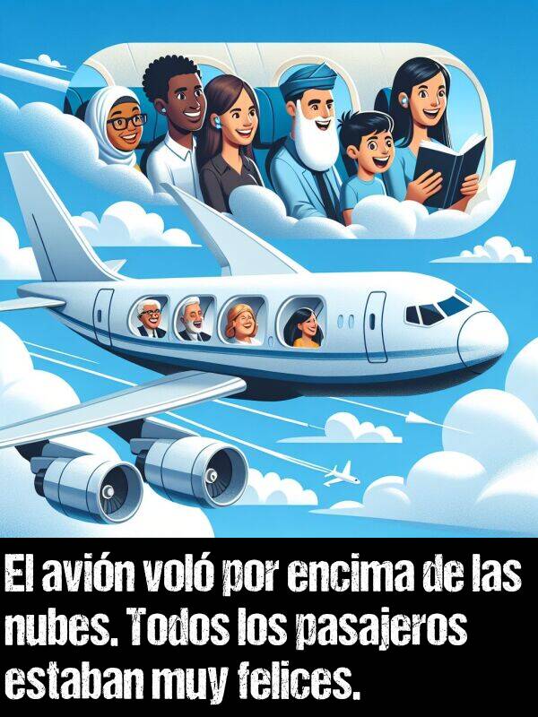 pasajeros: El avin vol por encima de las nubes. Todos los pasajeros estaban muy felices.