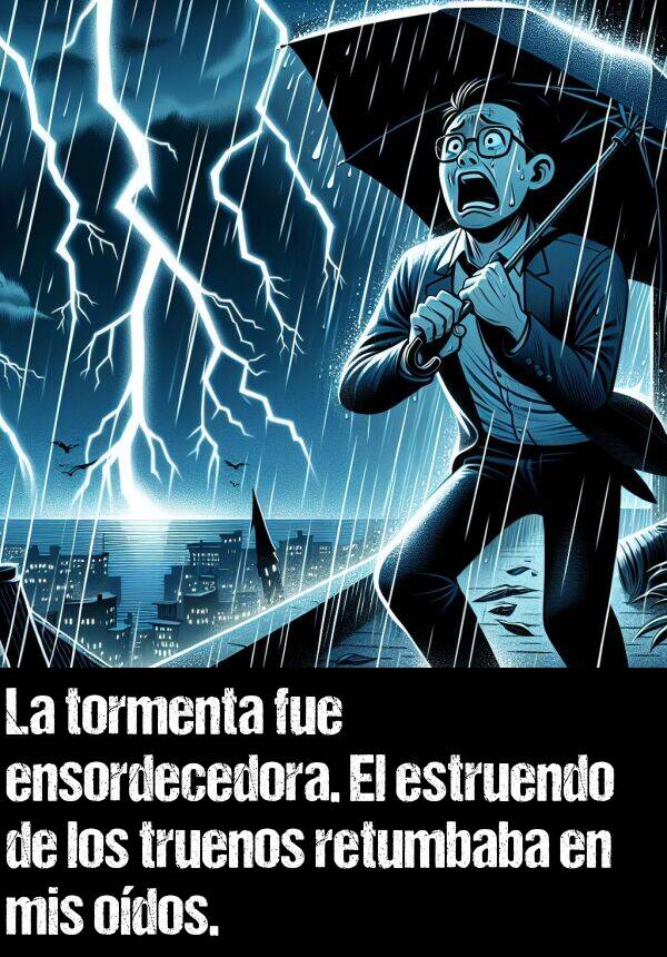 ensordecedora: La tormenta fue ensordecedora. El estruendo de los truenos retumbaba en mis odos.