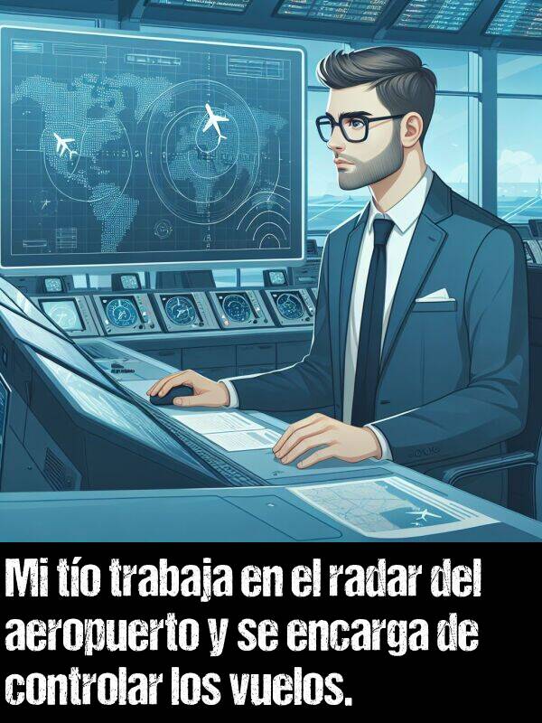 to: Mi to trabaja en el radar del aeropuerto y se encarga de controlar los vuelos.