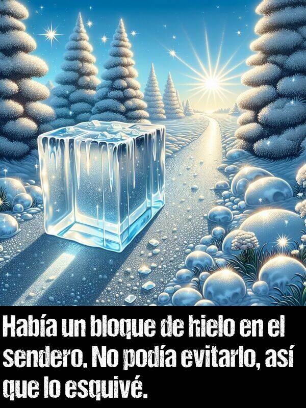 bloque: Haba un bloque de hielo en el sendero. No poda evitarlo, as que lo esquiv.