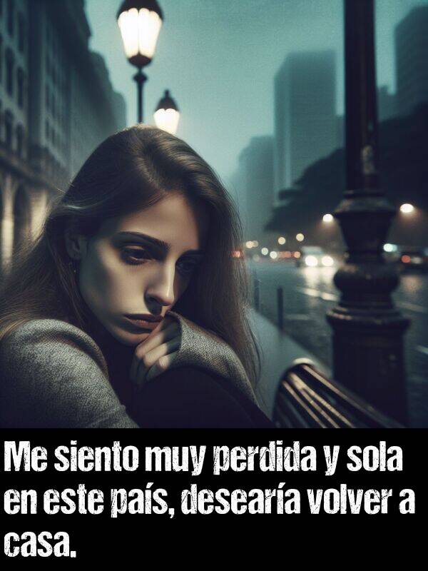 volver: Me siento muy perdida y sola en este pas, deseara volver a casa.