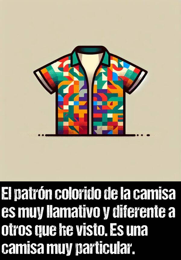 camisa: El patrn colorido de la camisa es muy llamativo y diferente a otros que he visto. Es una camisa muy particular.