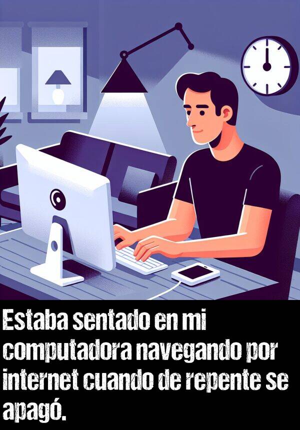 sentado: Estaba sentado en mi computadora navegando por internet cuando de repente se apag.
