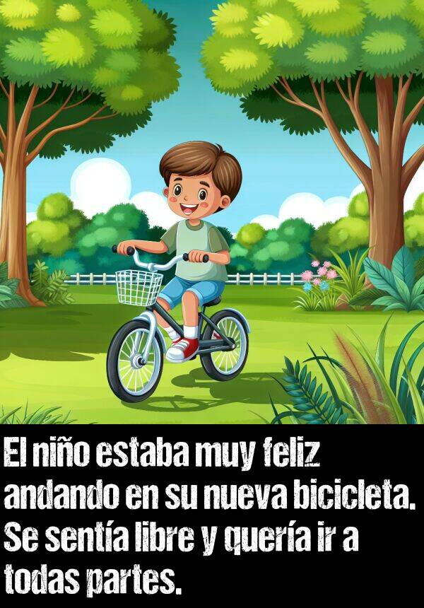 libre: El nio estaba muy feliz andando en su nueva bicicleta. Se senta libre y quera ir a todas partes.