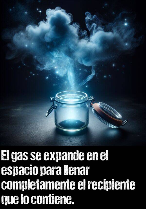 expande: El gas se expande en el espacio para llenar completamente el recipiente que lo contiene.