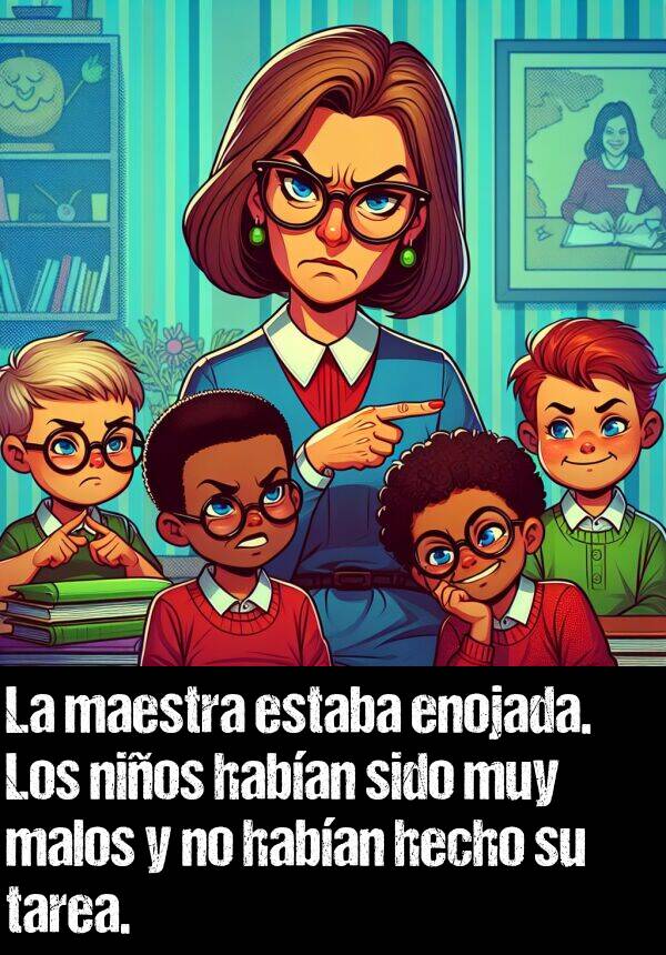 maestra: La maestra estaba enojada. Los nios haban sido muy malos y no haban hecho su tarea.