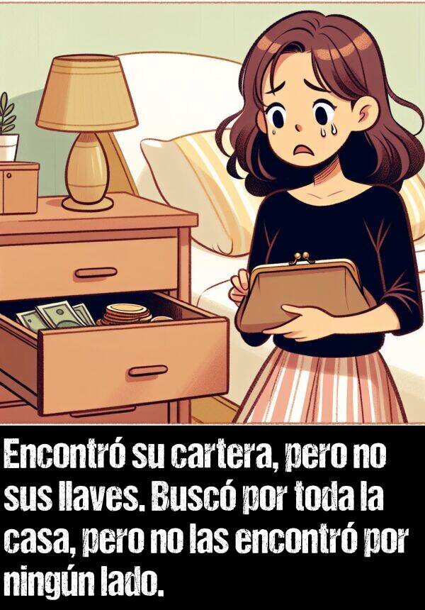 pero: Encontr su cartera, pero no sus llaves. Busc por toda la casa, pero no las encontr por ningn lado.