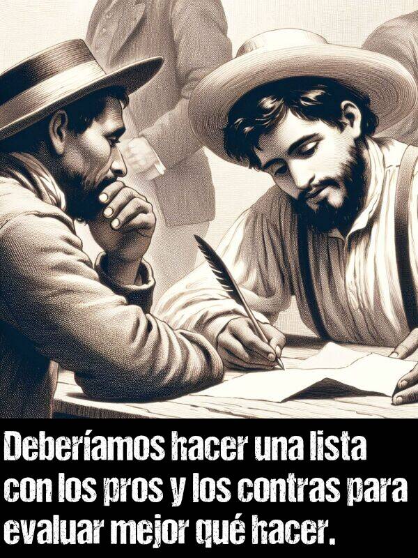 lista: Deberamos hacer una lista con los pros y los contras para evaluar mejor qu hacer.