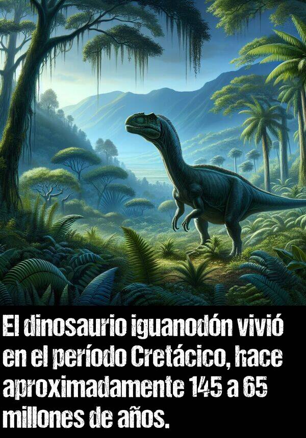 aproximadamente: El dinosaurio iguanodn vivi en el perodo Cretcico, hace aproximadamente 145 a 65 millones de aos.