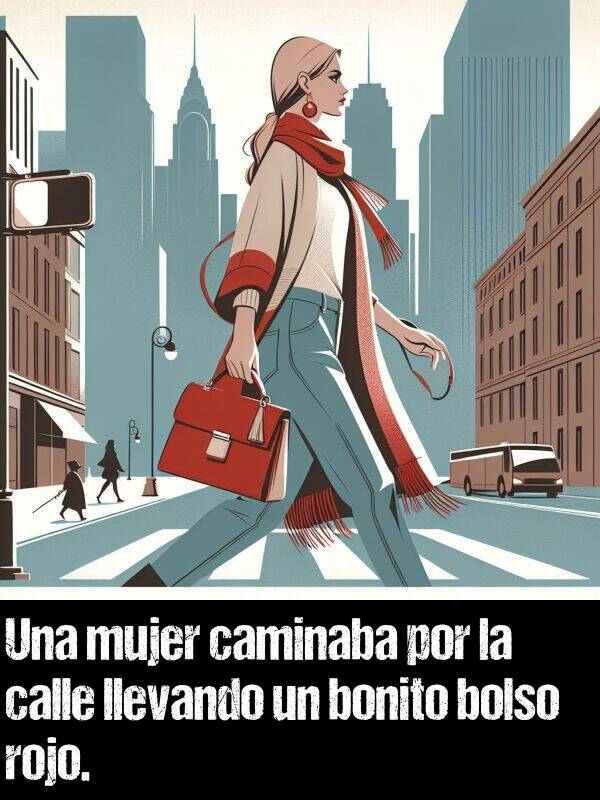 bolso: Una mujer caminaba por la calle llevando un bonito bolso rojo.