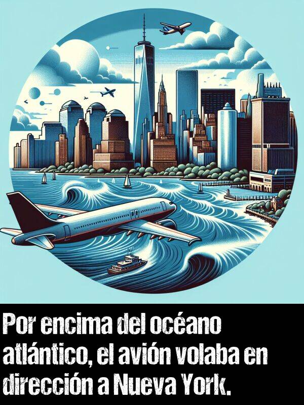 encima: Por encima del ocano atlntico, el avin volaba en direccin a Nueva York.