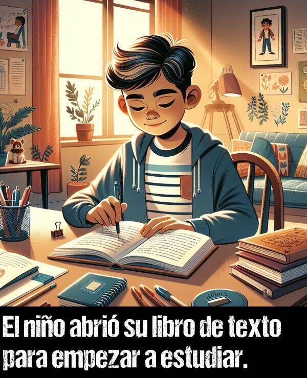 texto: El nio abri su libro de texto para empezar a estudiar.
