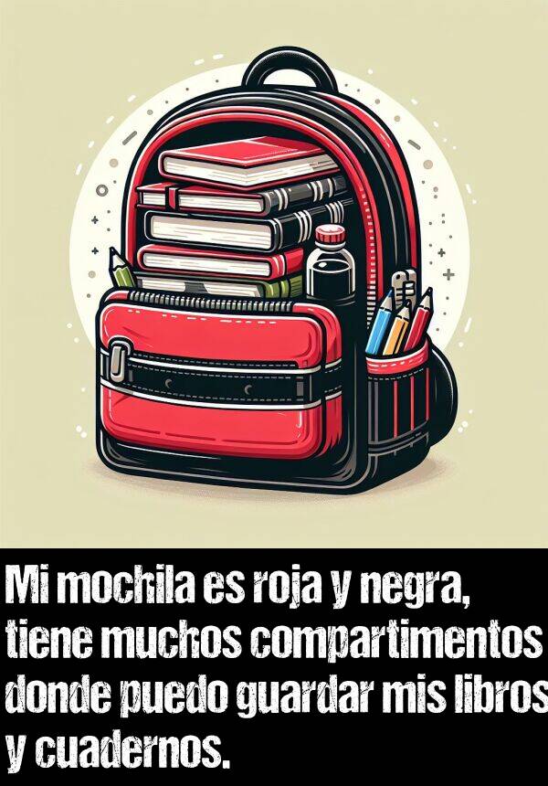 compartimentos: Mi mochila es roja y negra, tiene muchos compartimentos donde puedo guardar mis libros y cuadernos.